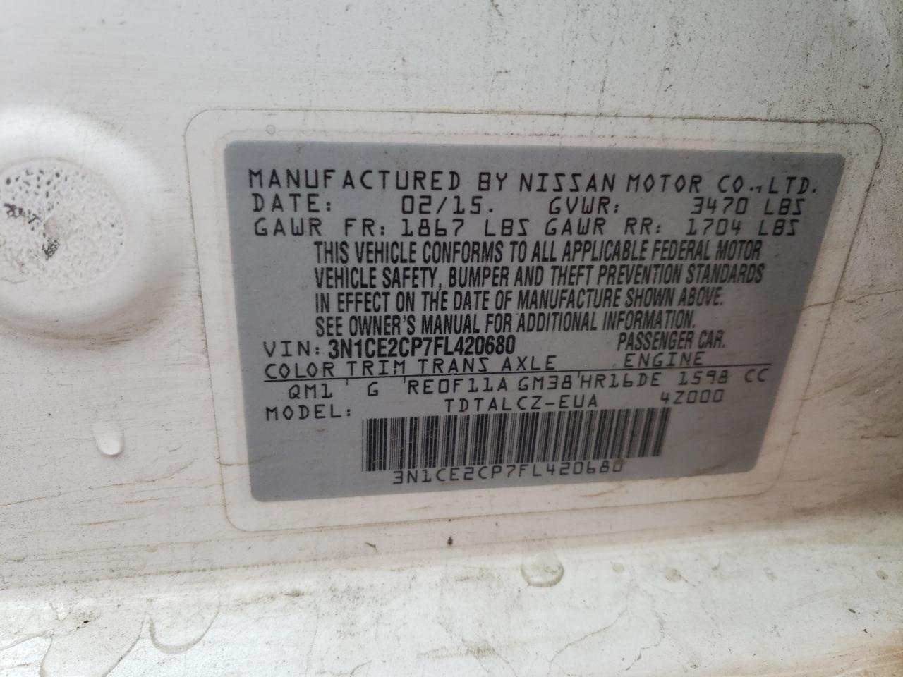 3N1CE2CP7FL420680 2015 Nissan Versa Note S