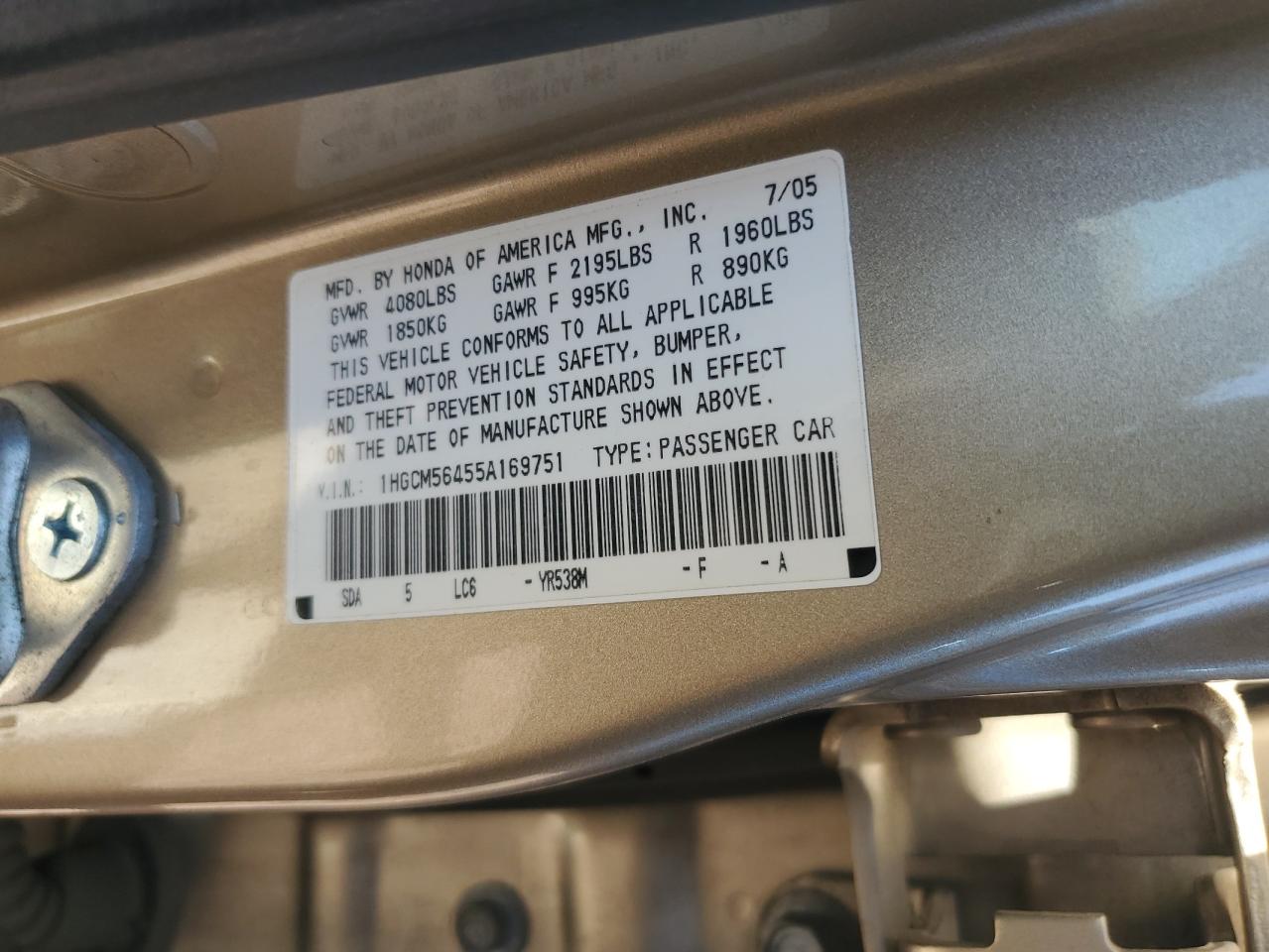 1HGCM56455A169751 2005 Honda Accord Lx