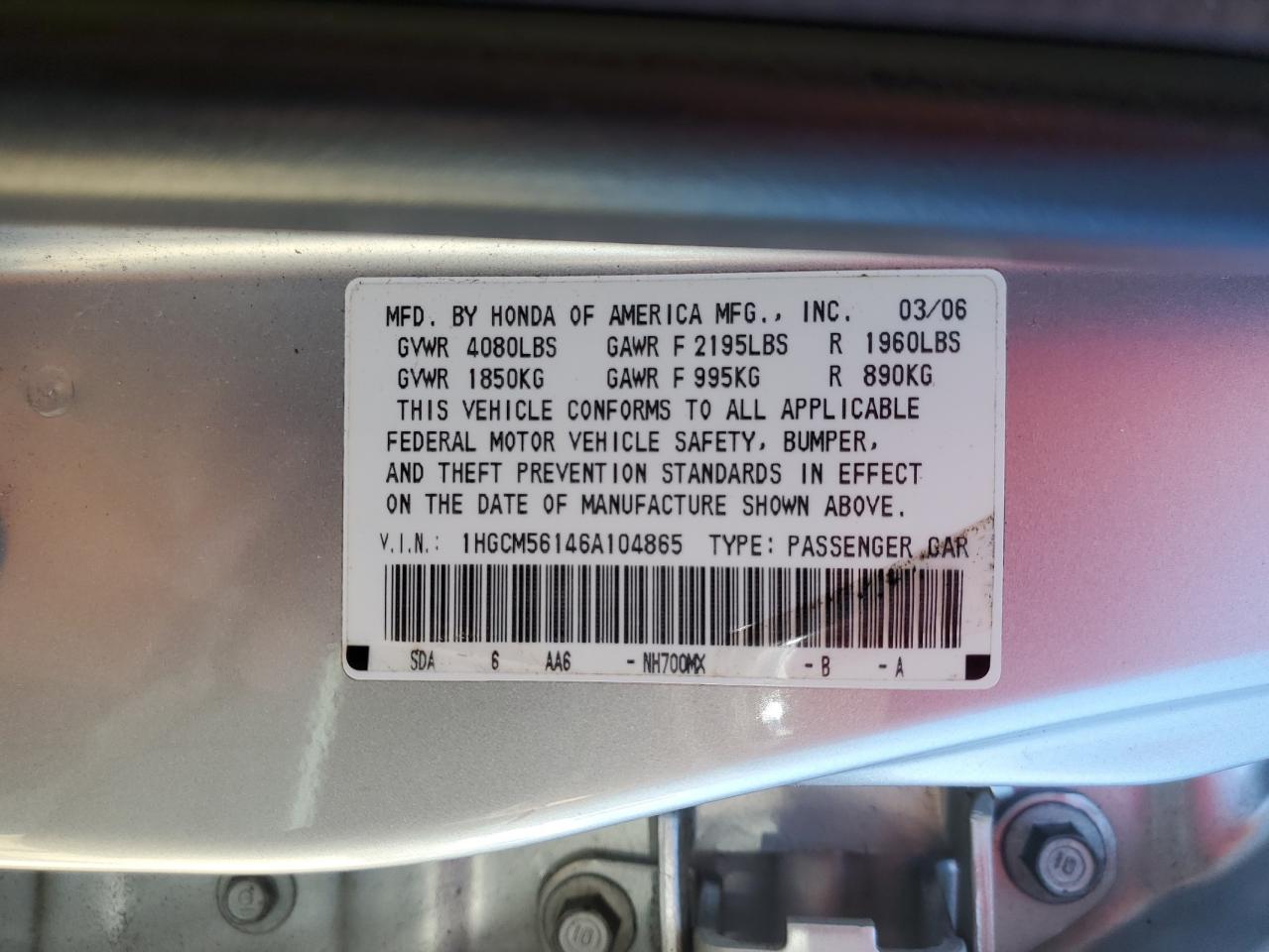 1HGCM56146A104865 2006 Honda Accord Value