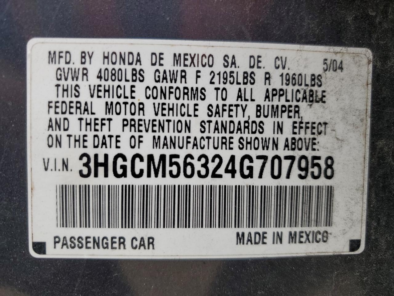 3HGCM56324G707958 2004 Honda Accord Lx