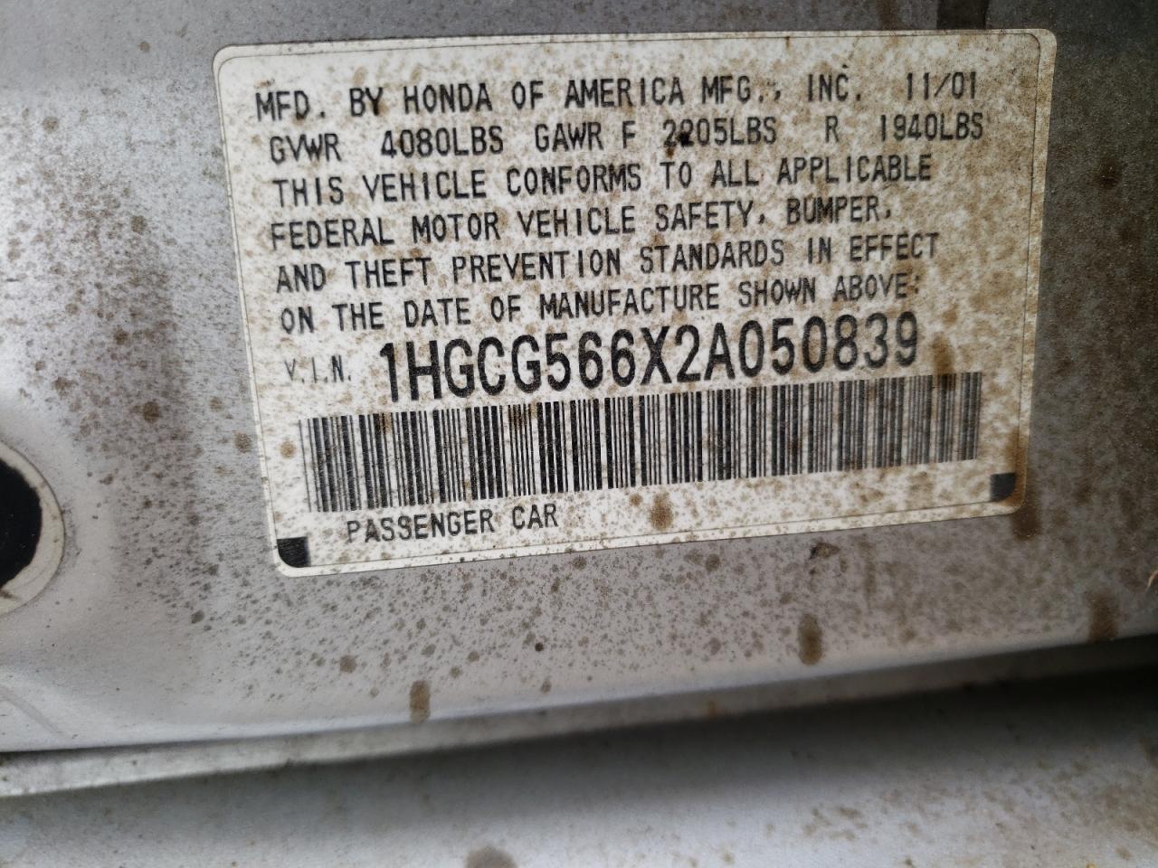 1HGCG566X2A050839 2002 Honda Accord Ex