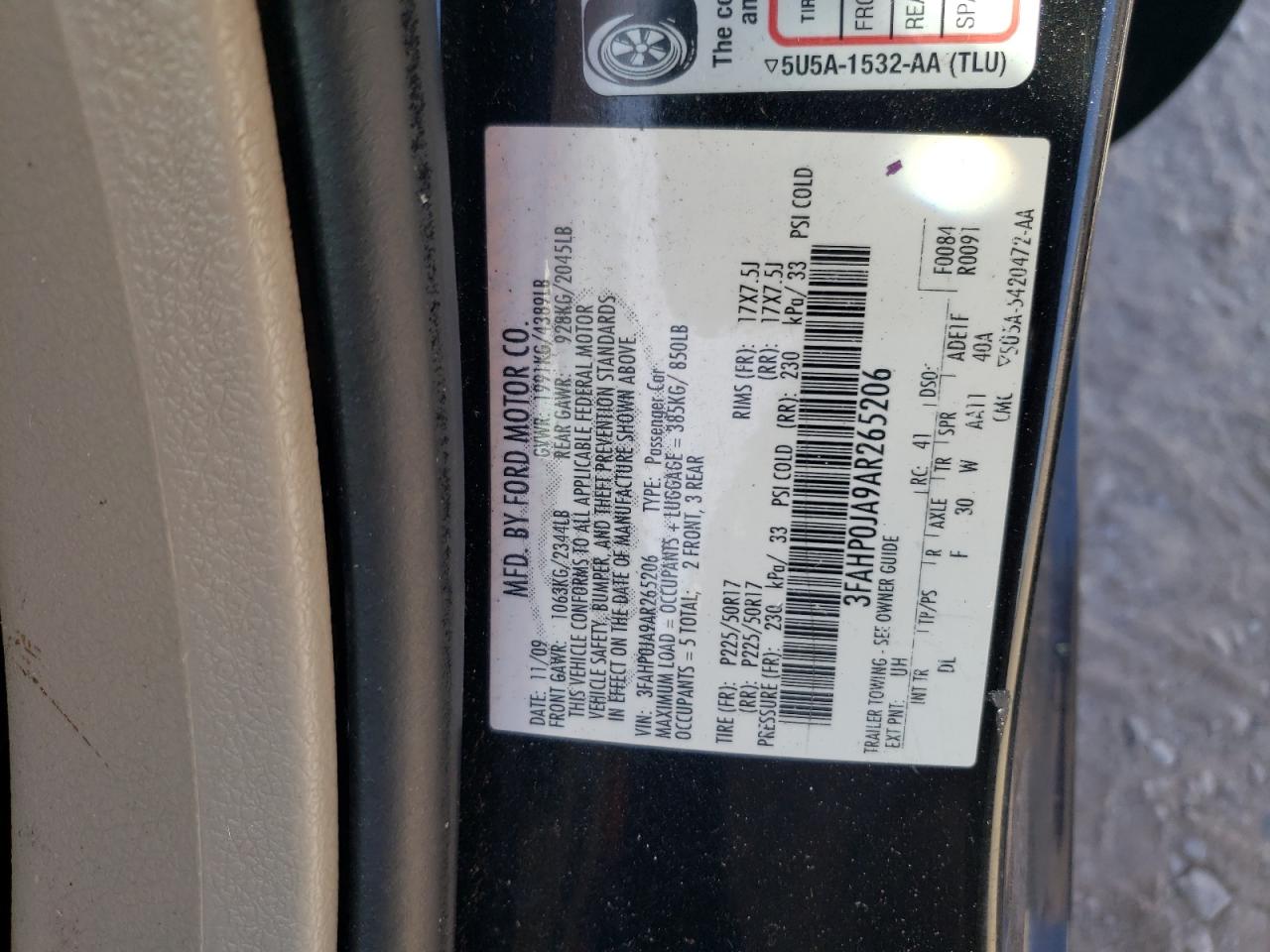3FAHP0JA9AR265206 2010 Ford Fusion Sel