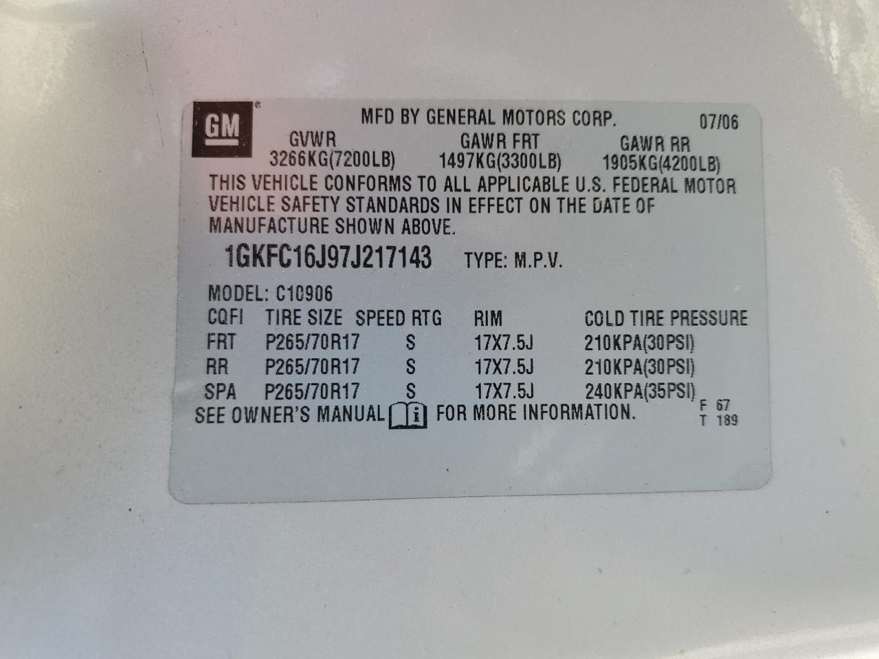 1GKFC16J97J217143 2007 GMC Yukon Xl C1500