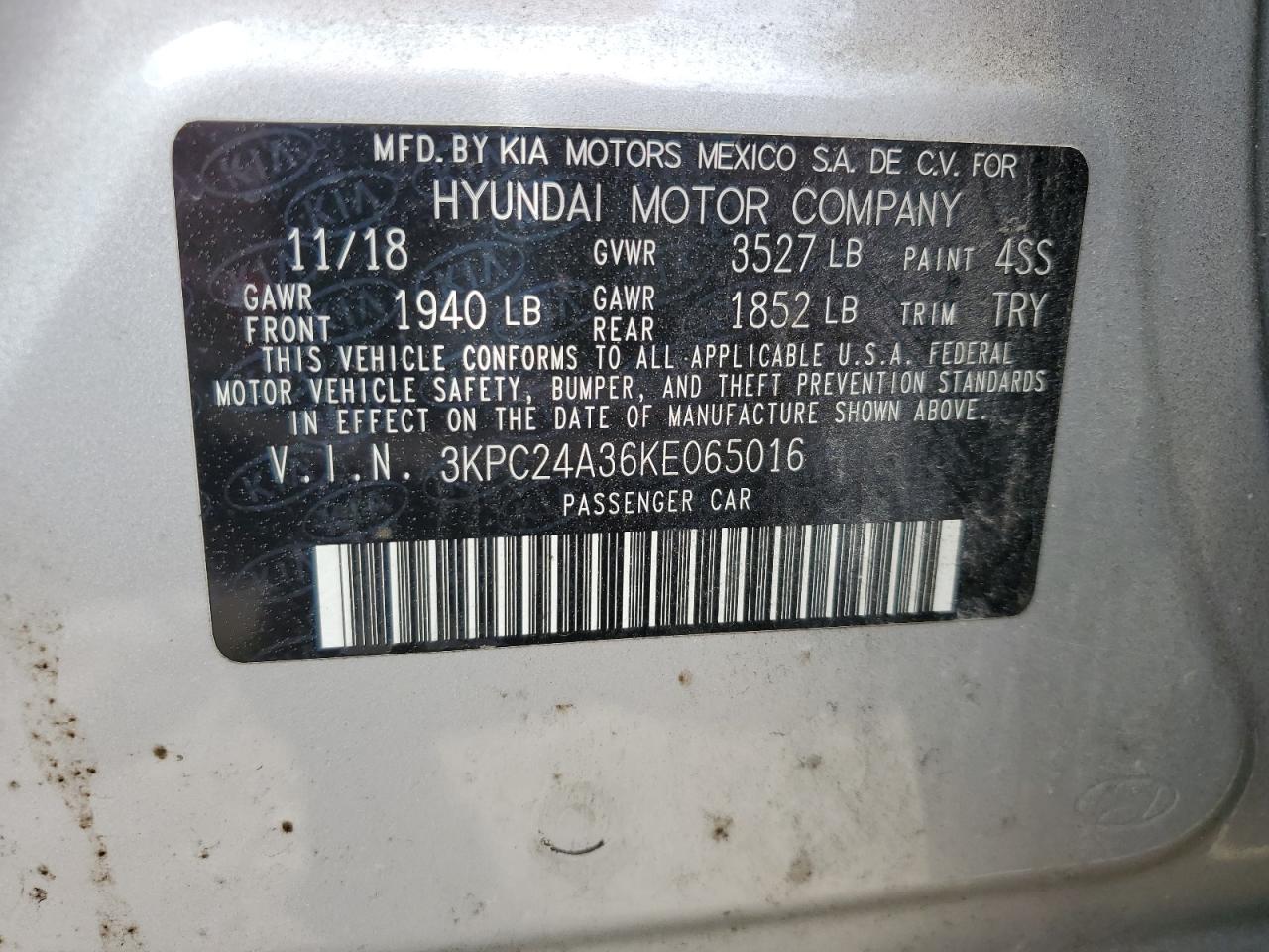 3KPC24A36KE065016 2019 Hyundai Accent Se