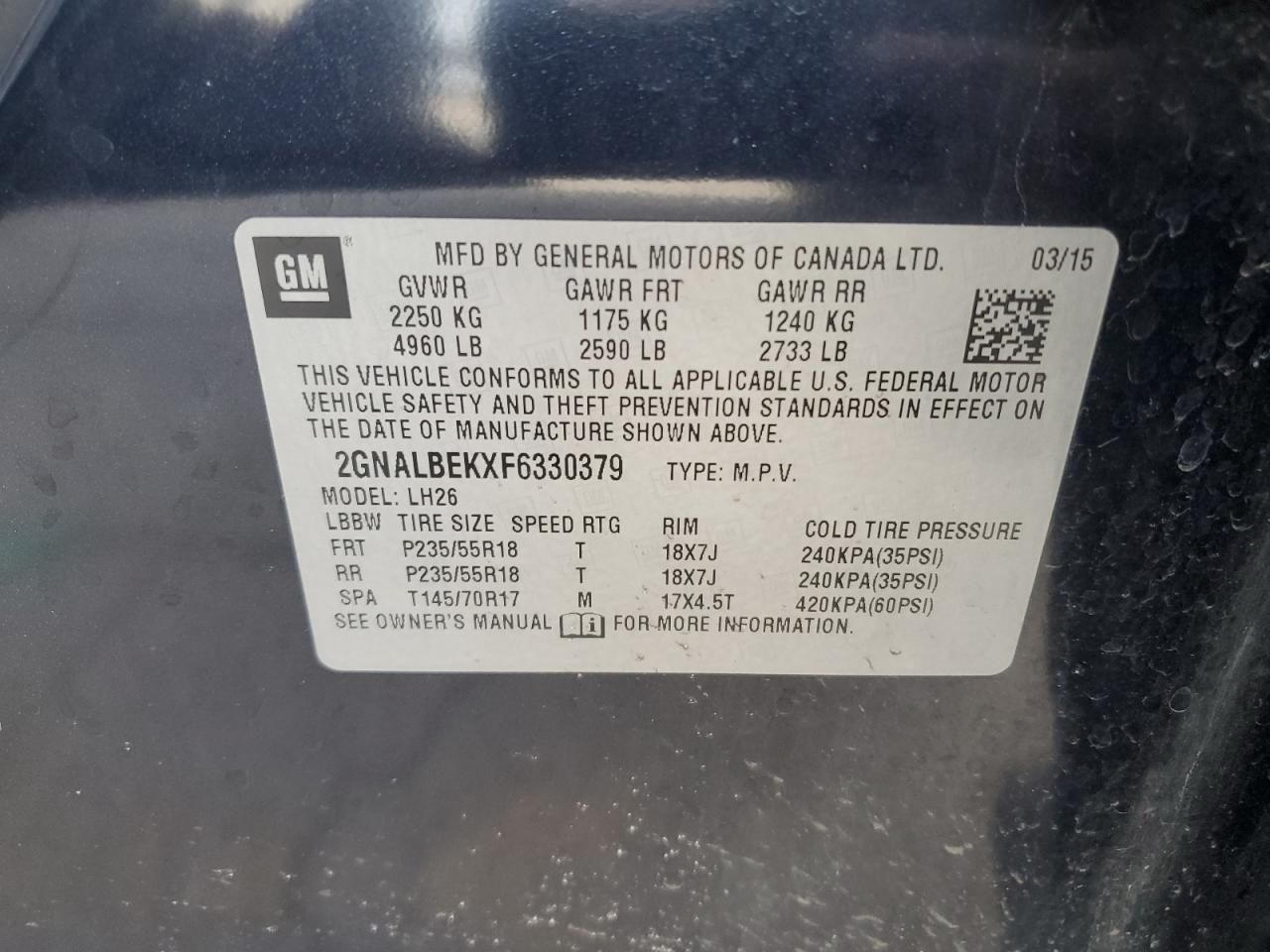 2GNALBEKXF6330379 2015 Chevrolet Equinox Lt