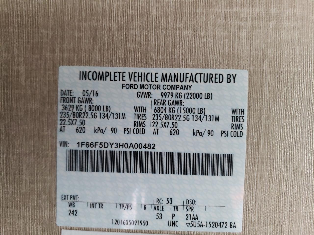 VIN: 1F66F5DY3H0A00482 2017 FORD F530