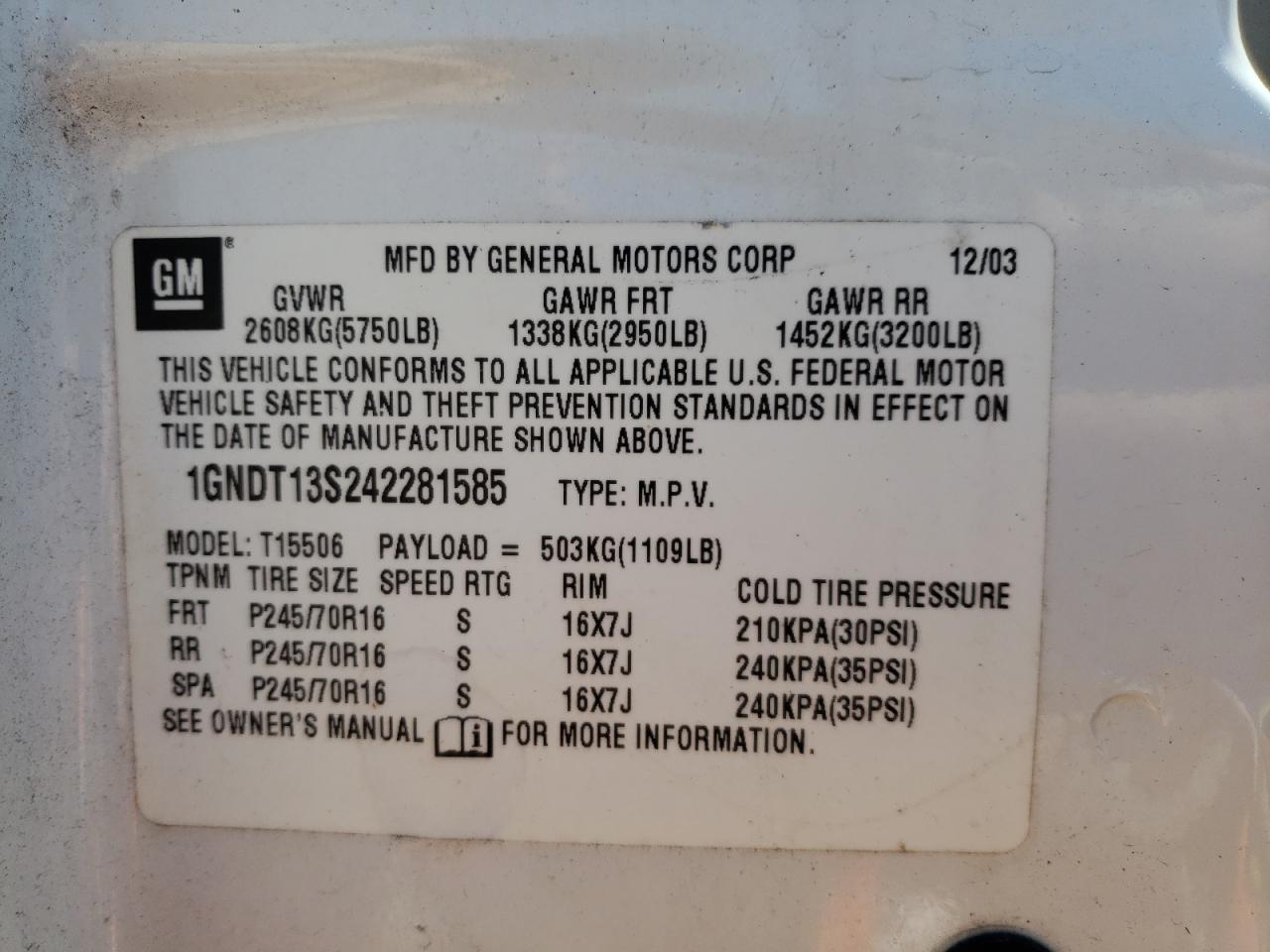 1GNDT13S242281585 2004 Chevrolet Trailblazer Ls