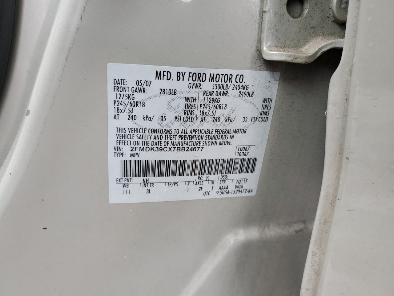 2FMDK39CX7BB24677 2007 Ford Edge Sel Plus