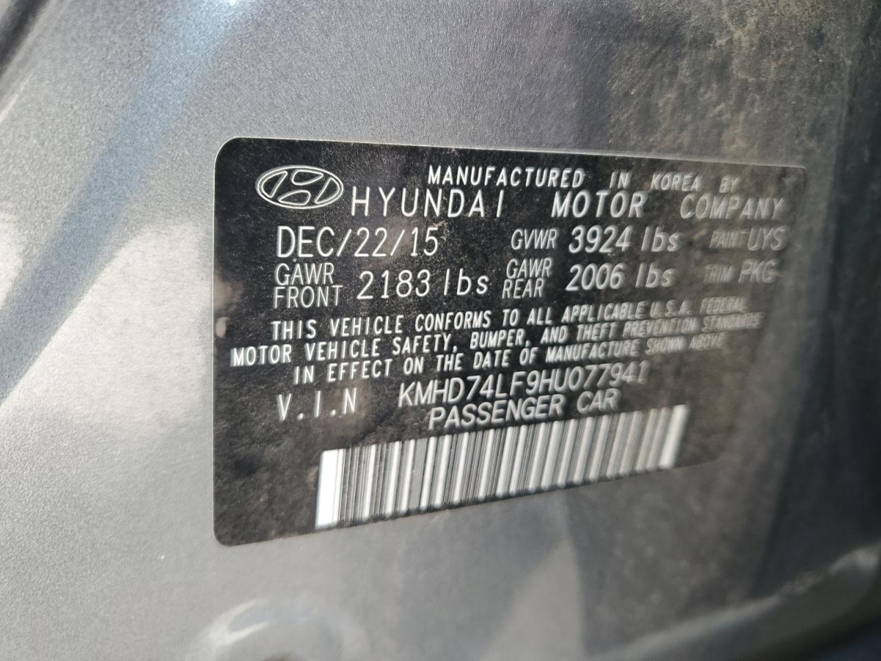 KMHD74LF9HU077941 2017 Hyundai Elantra Se