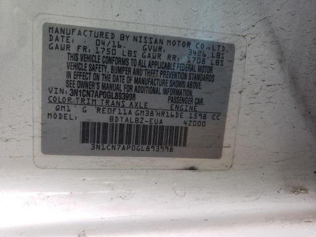 2016 Nissan Versa S VIN: 3N1CN7AP0GL893998 Lot: 48924824