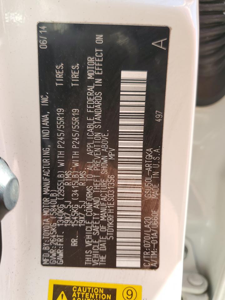 5TDYKRFH1ES031356 2014 Toyota Highlander Limited