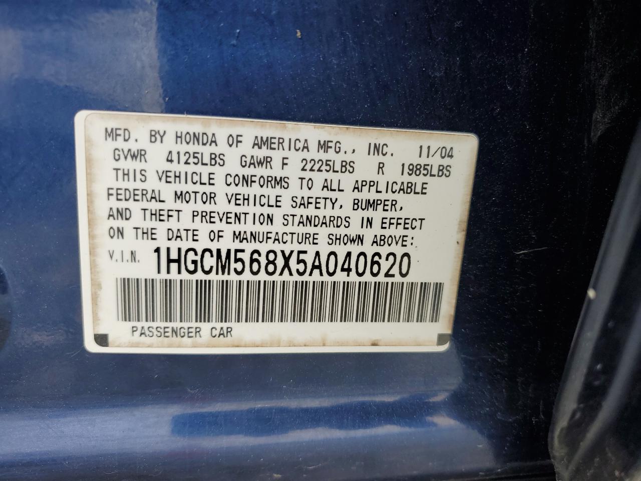 1HGCM568X5A040620 2005 Honda Accord Ex