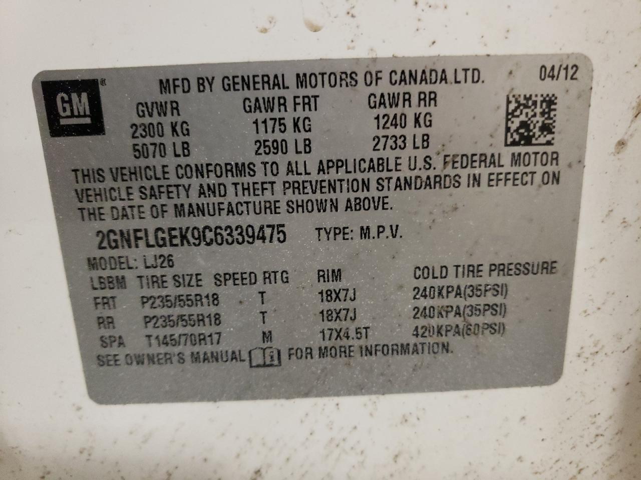 2GNFLGEK9C6339475 2012 Chevrolet Equinox Ltz