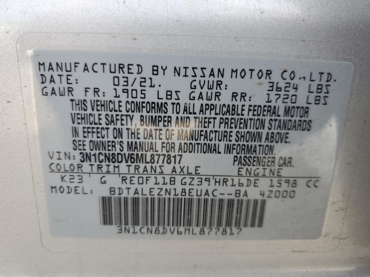 3N1CN8DV6ML877817 2021 Nissan Versa S