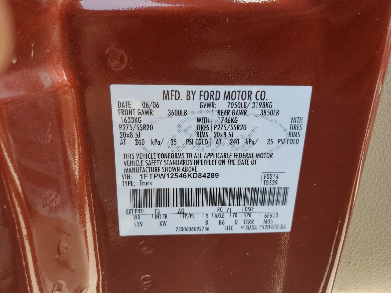 1FTPW12546KD84289 2006 Ford F150 Supercrew