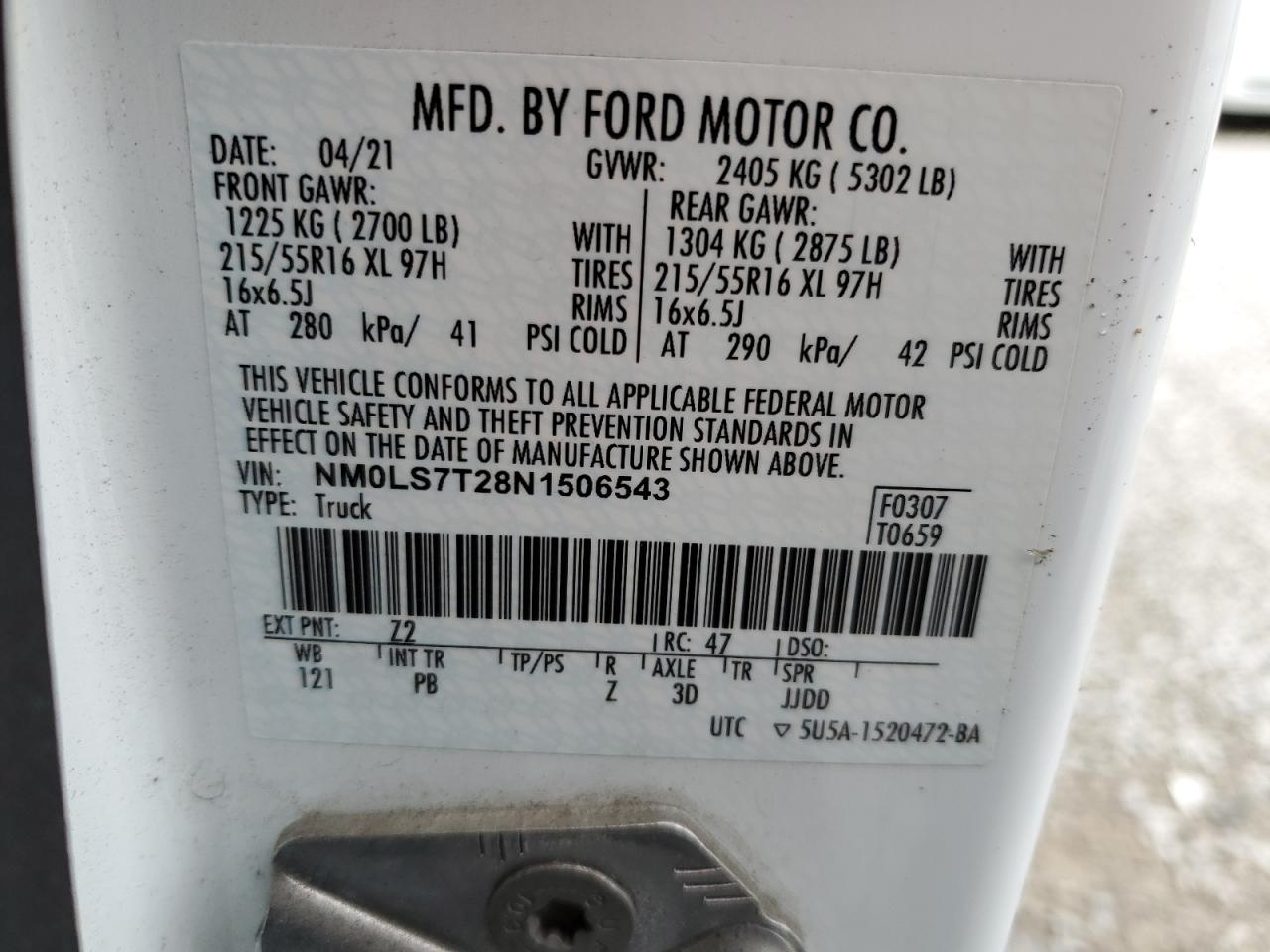 NM0LS7T28N1506543 2022 Ford Transit Connect Xlt