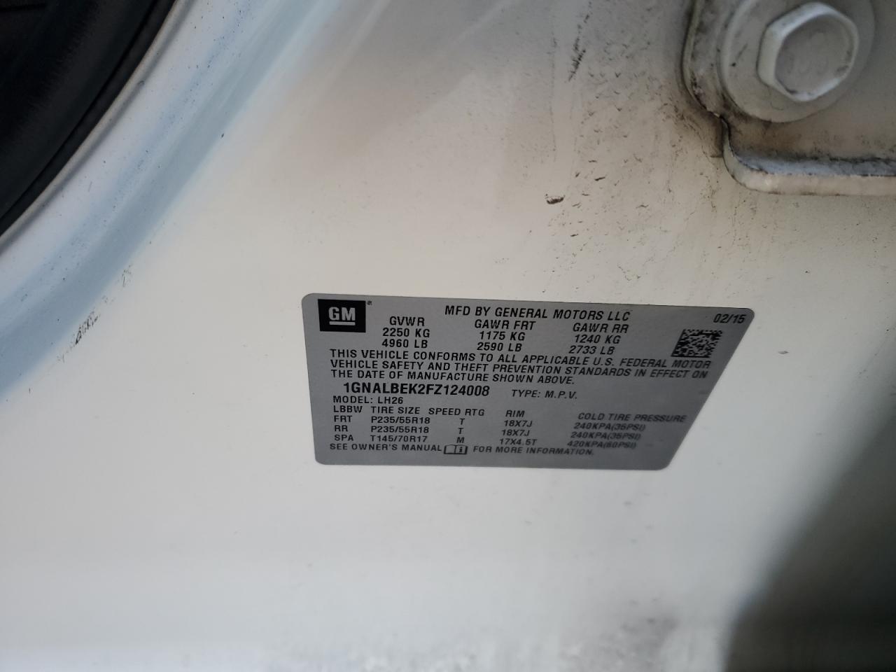 1GNALBEK2FZ124008 2015 Chevrolet Equinox Lt