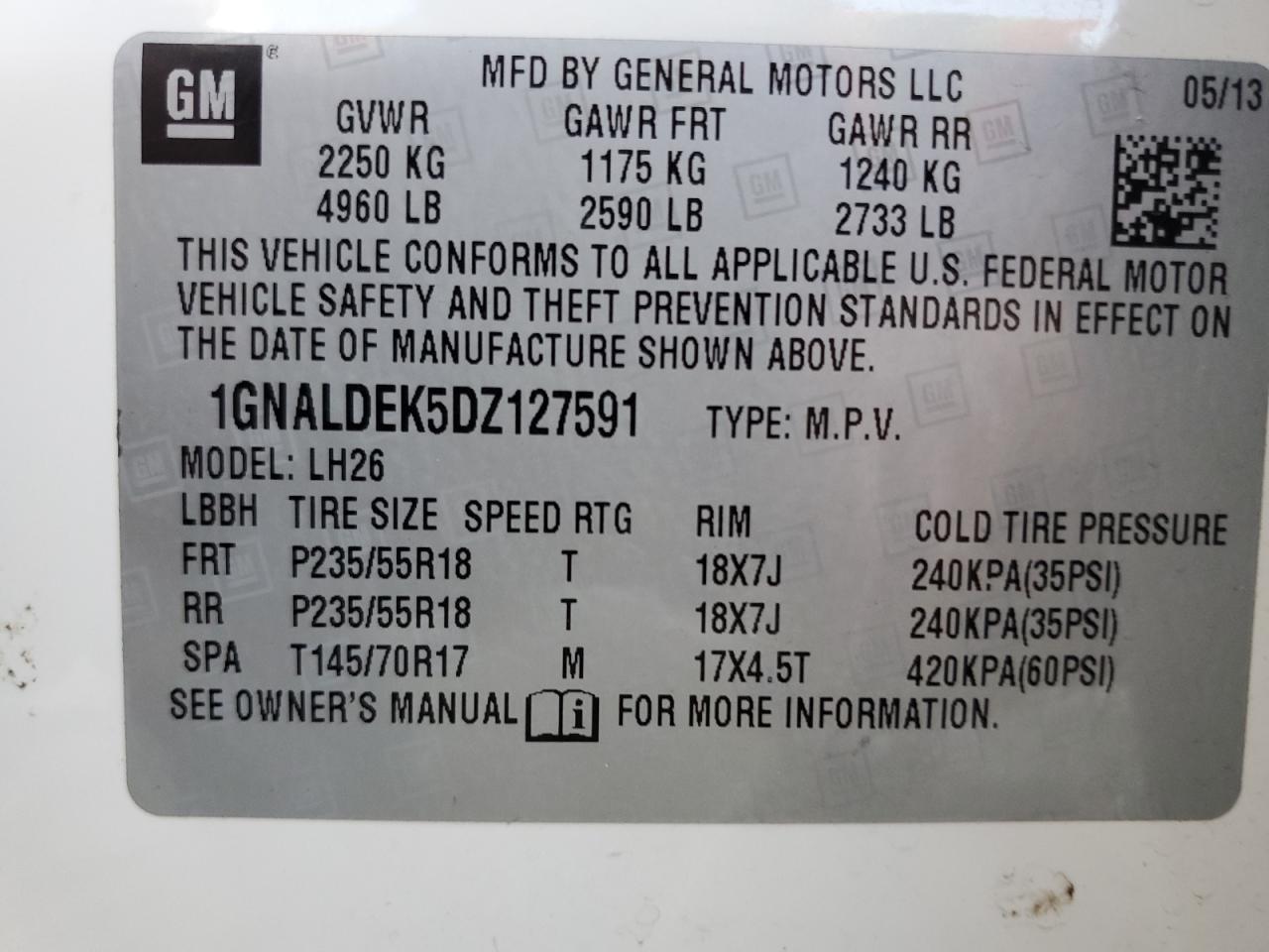 1GNALDEK5DZ127591 2013 Chevrolet Equinox Lt