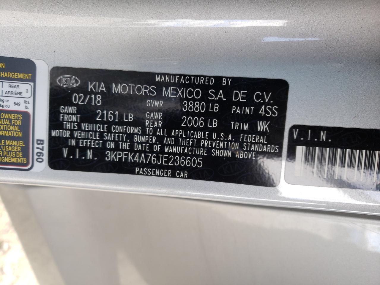 3KPFK4A76JE236605 2018 Kia Forte Lx