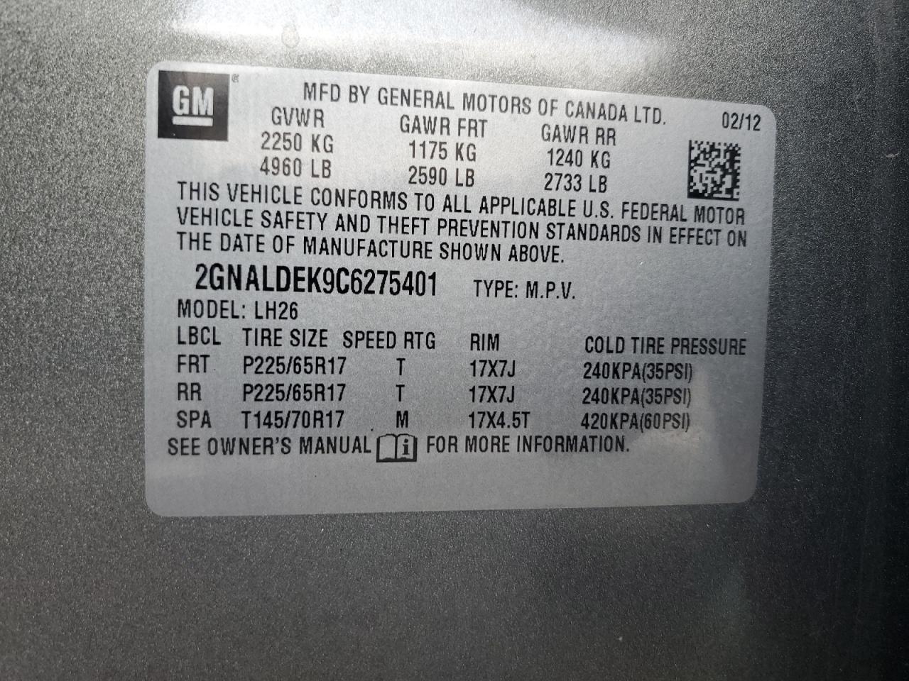 2GNALDEK9C6275401 2012 Chevrolet Equinox Lt