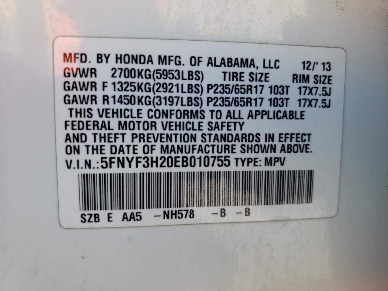 5FNYF3H20EB010755 2014 Honda Pilot Lx