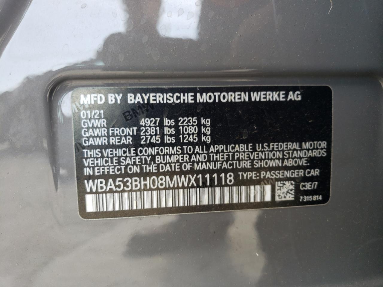 WBA53BH08MWX11118 2021 BMW 530 I