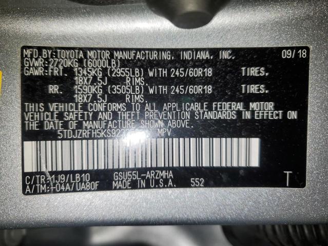 VIN 5TDJZRFH5KS923358 2019 Toyota Highlander, SE no.13