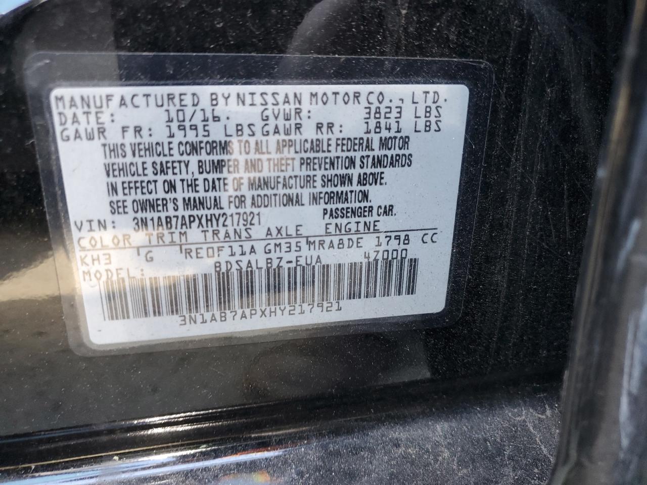 3N1AB7APXHY217921 2017 Nissan Sentra S