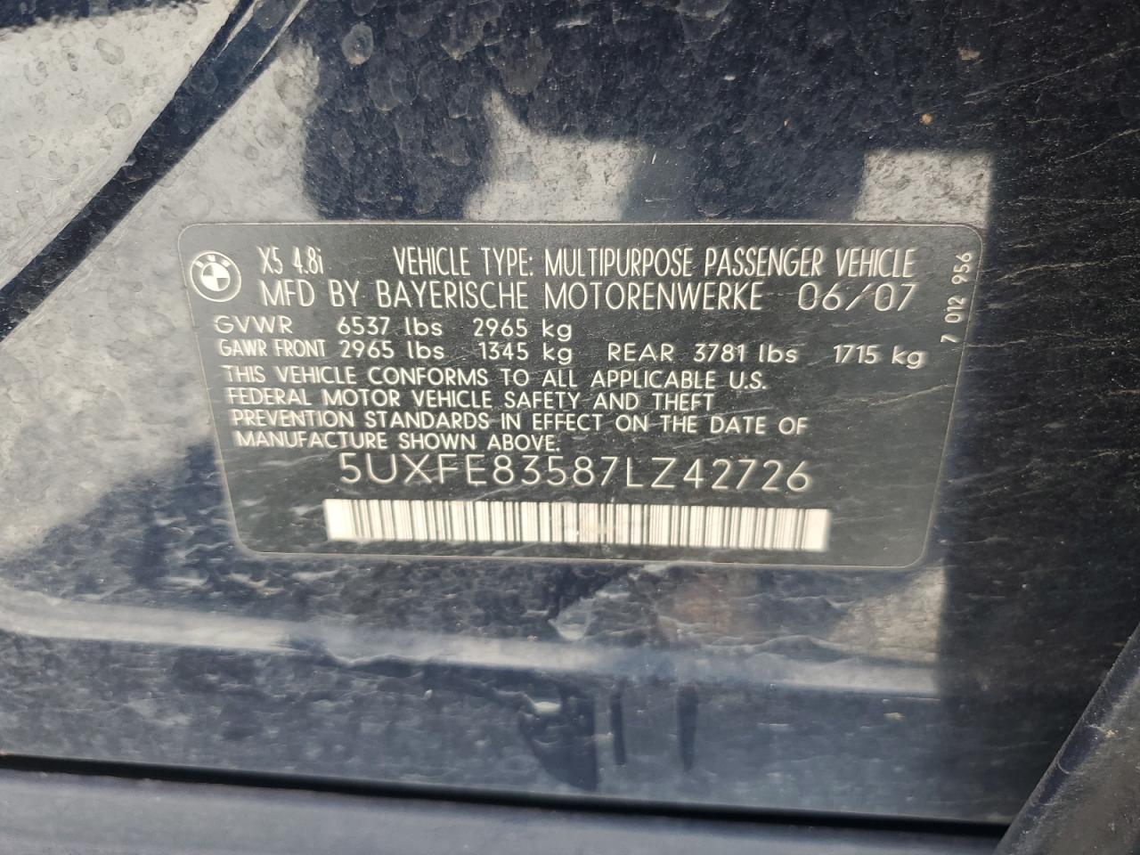 5UXFE83587LZ42726 2007 BMW X5 4.8I