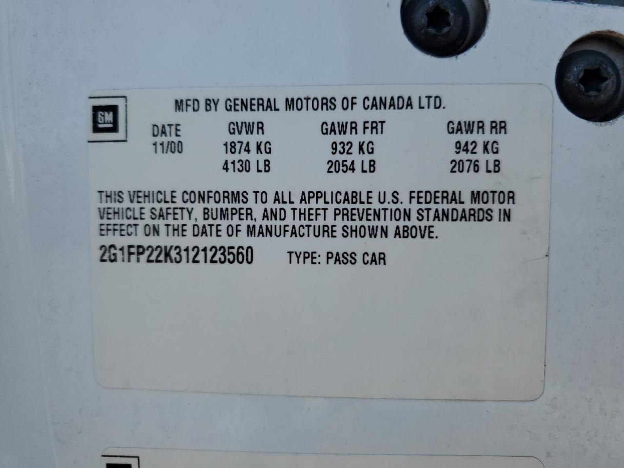 2G1FP22K312123560 2001 Chevrolet Camaro