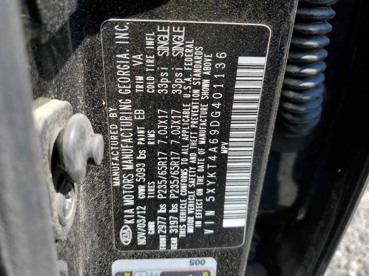 5XYKT4A69DG401136 2013 Kia Sorento Lx