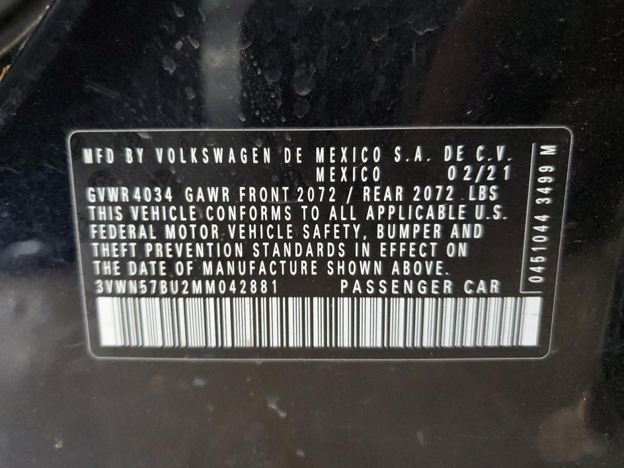 3VWN57BU2MM042881 2021 Volkswagen Jetta S