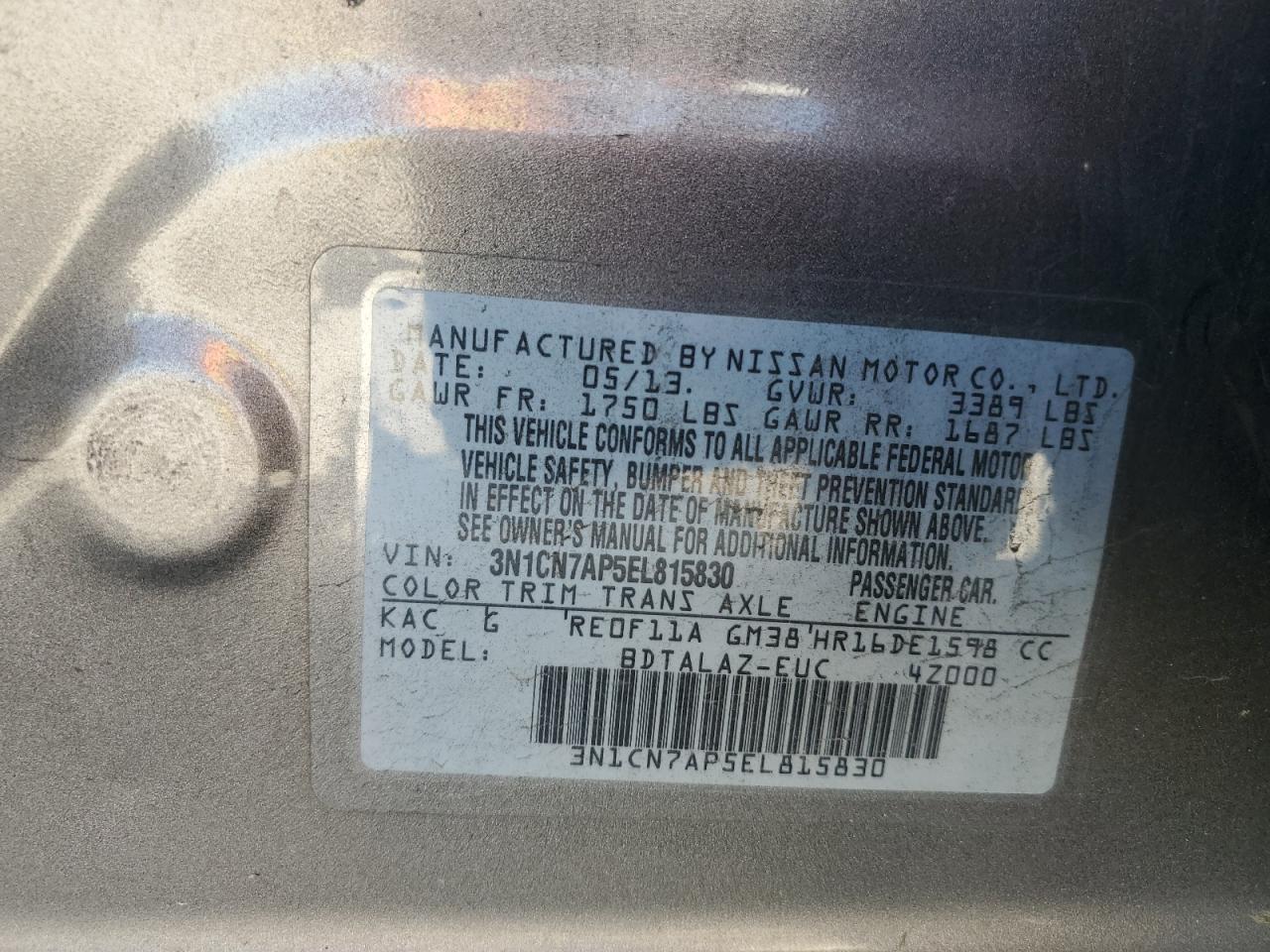 3N1CN7AP5EL815830 2014 Nissan Versa S