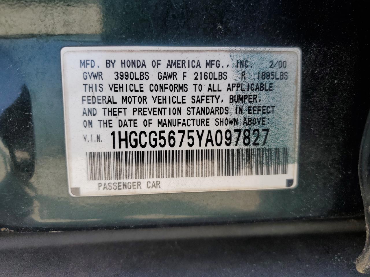 1HGCG5675YA097827 2000 Honda Accord Se