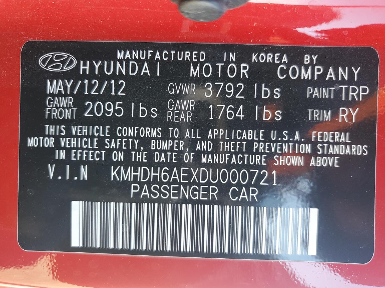 KMHDH6AEXDU000721 2013 Hyundai Elantra Coupe Gs