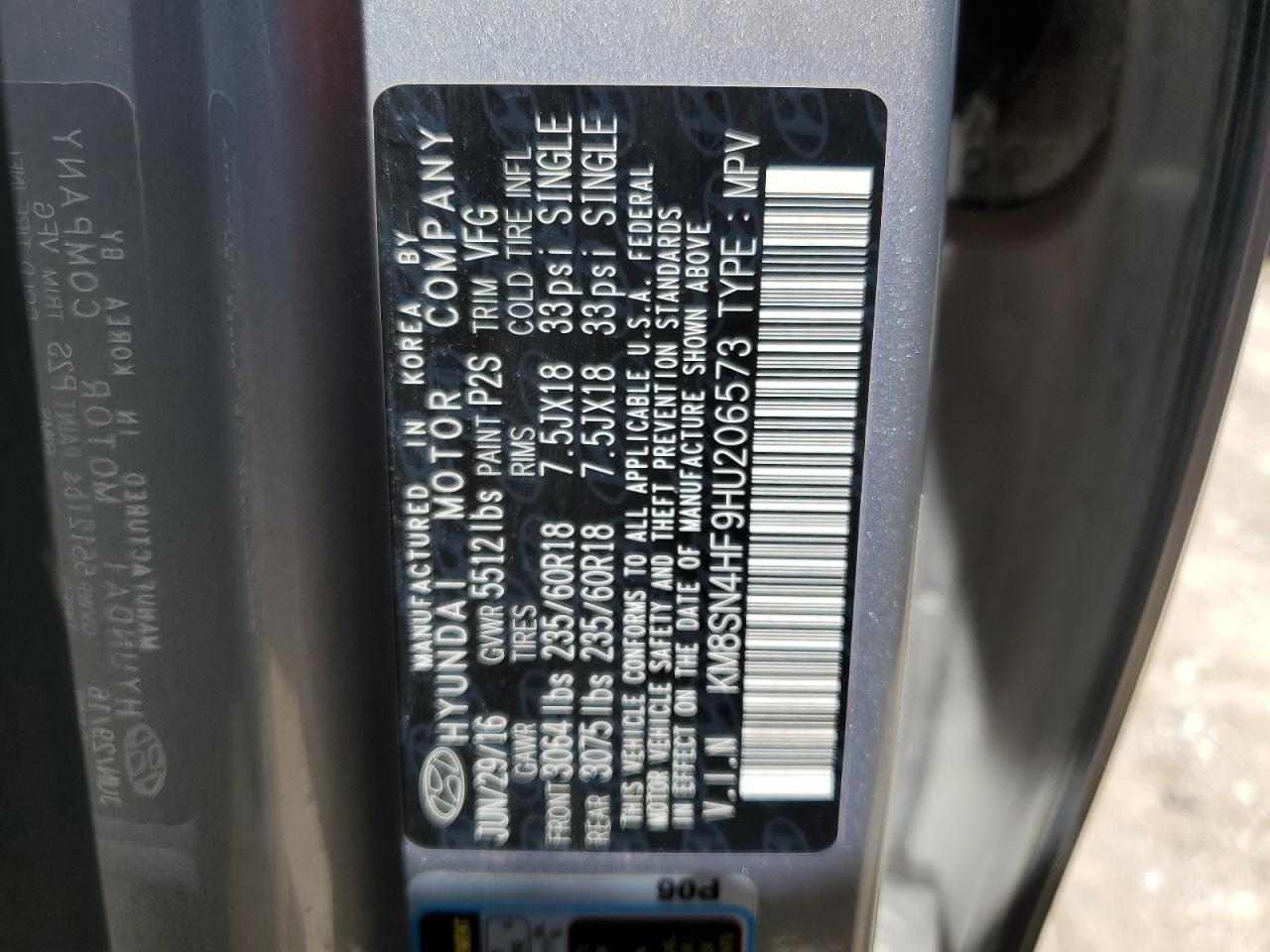 KM8SN4HF9HU206573 2017 Hyundai Santa Fe Se