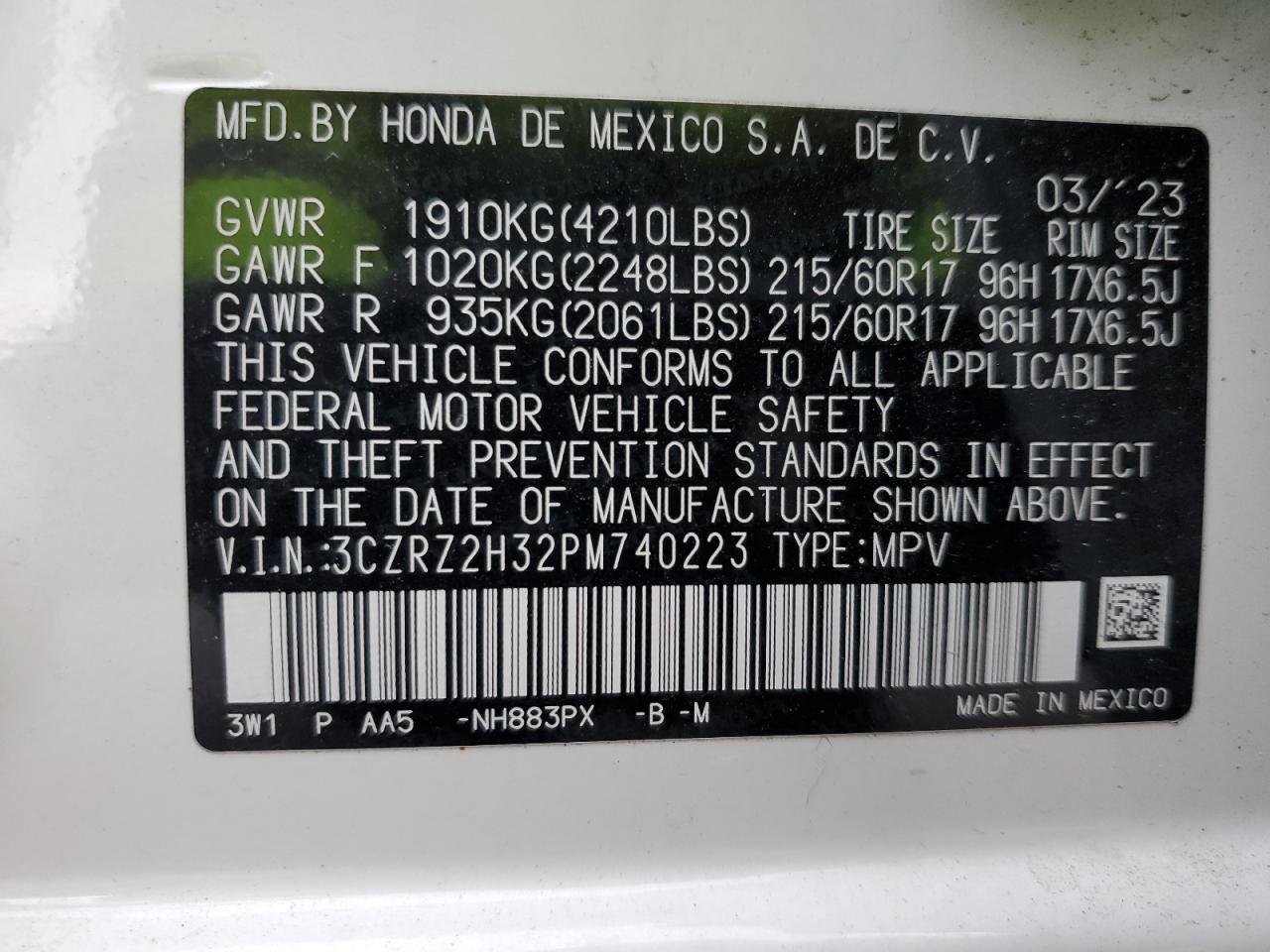 3CZRZ2H32PM740223 2023 Honda Hr-V Lx