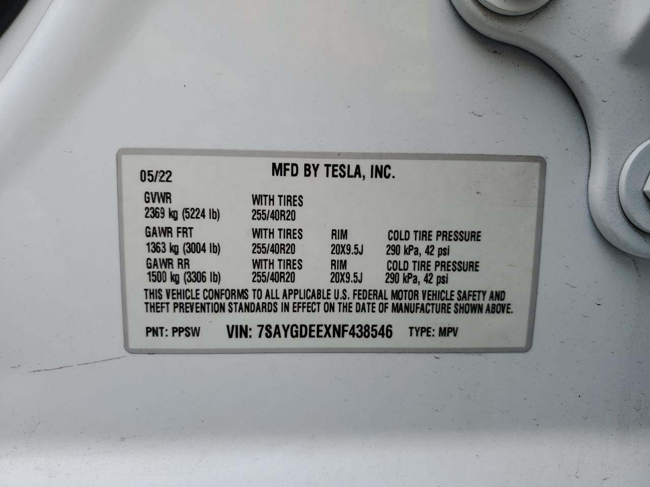 7SAYGDEEXNF438546 2022 Tesla Model Y