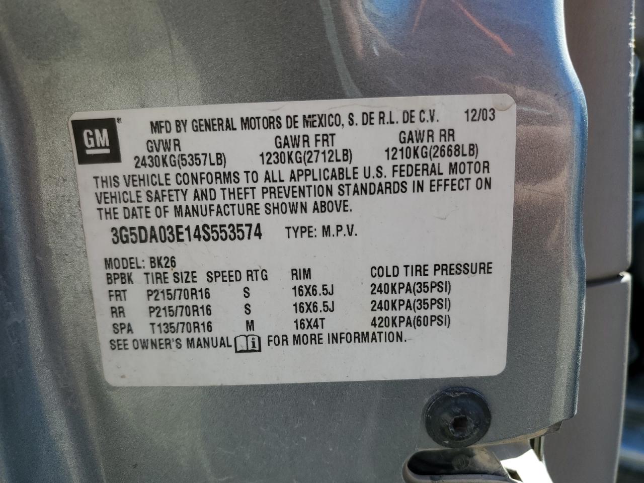 3G5DA03E14S553574 2004 Buick Rendezvous Cx