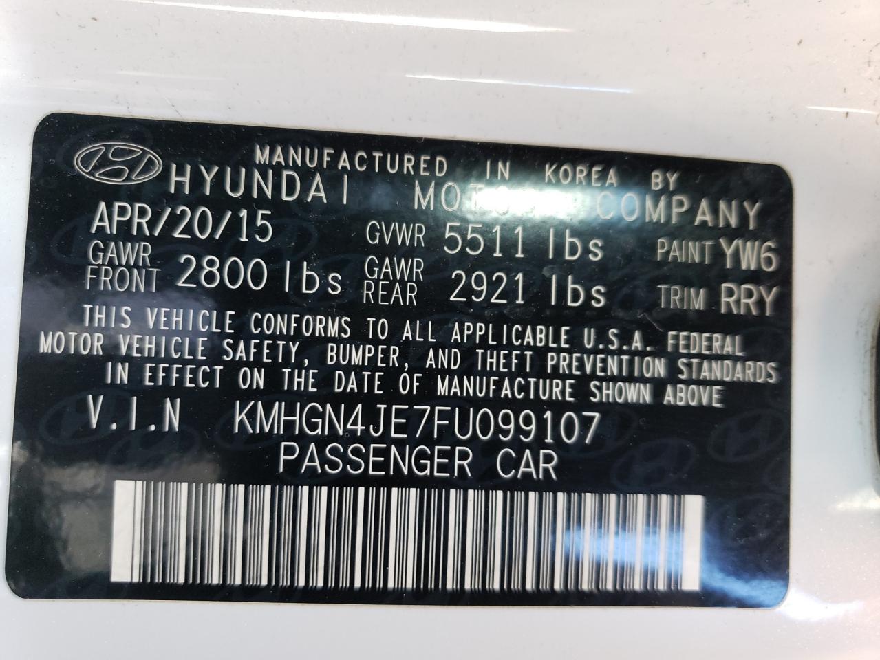 KMHGN4JE7FU099107 2015 Hyundai Genesis 3.8L