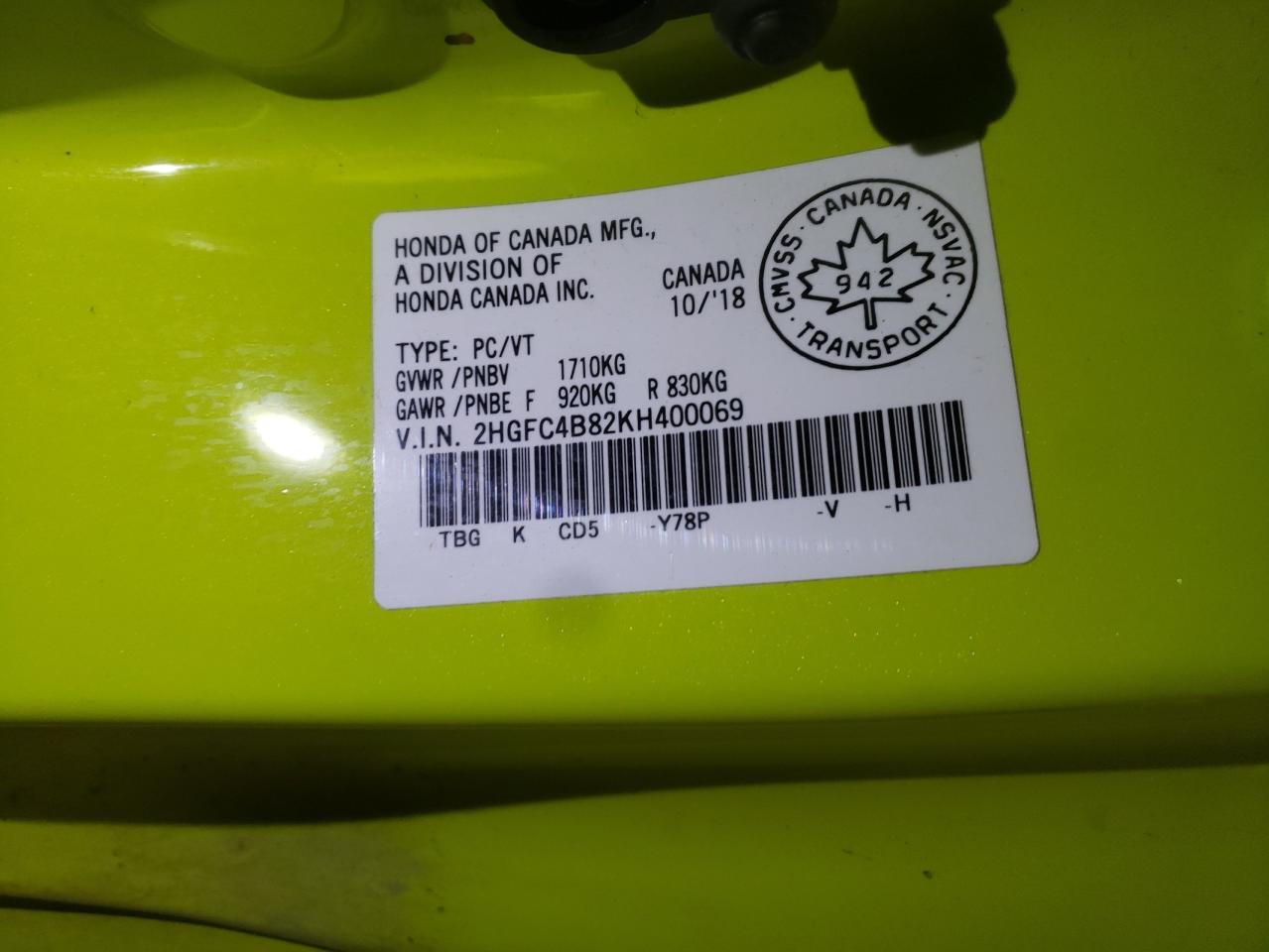 2HGFC4B82KH400069 2019 Honda Civic Sport