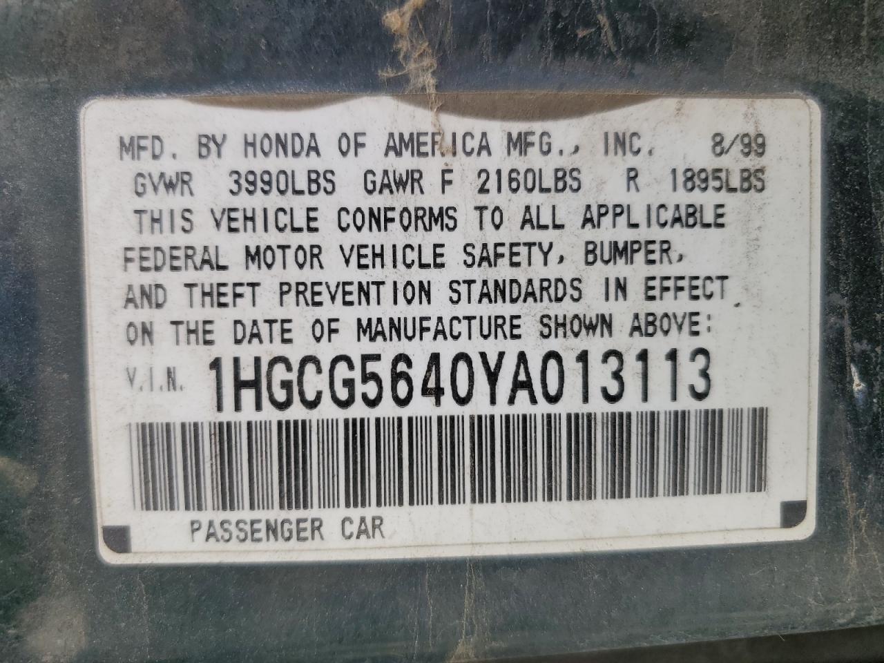 1HGCG5640YA013113 2000 Honda Accord Lx