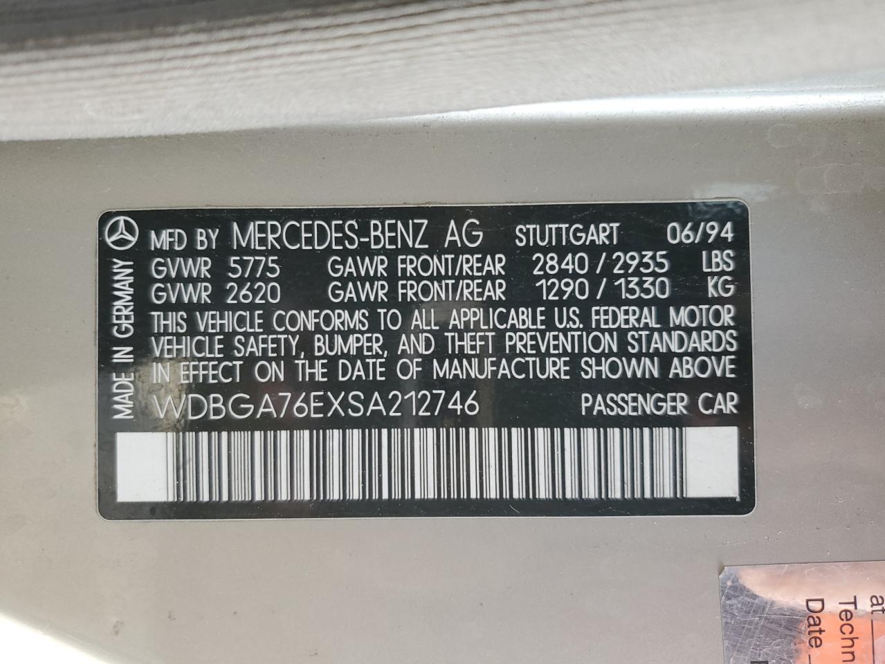 wdbga76exsa212746 WDBGA76EXSA212746 1995 Mercedes-Benz S 600