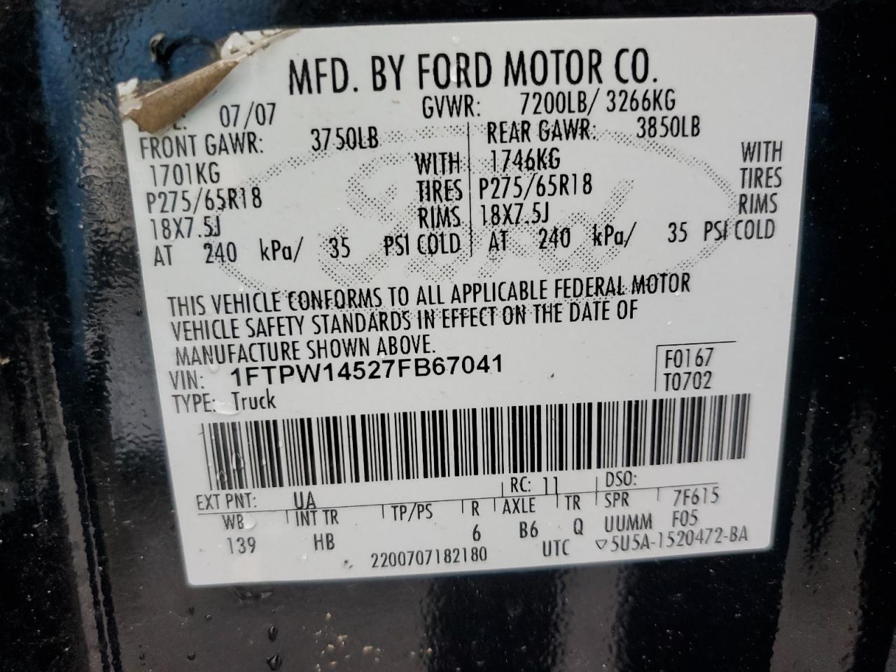 1FTPW14527FB67041 2007 Ford F150 Supercrew