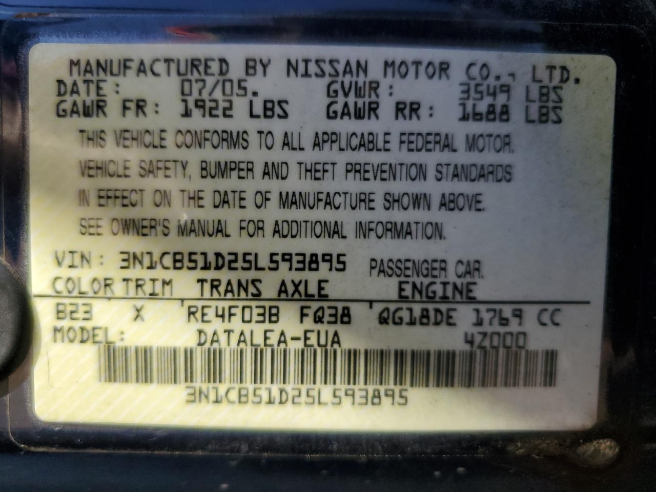 3N1CB51D25L593895 2005 Nissan Sentra 1.8