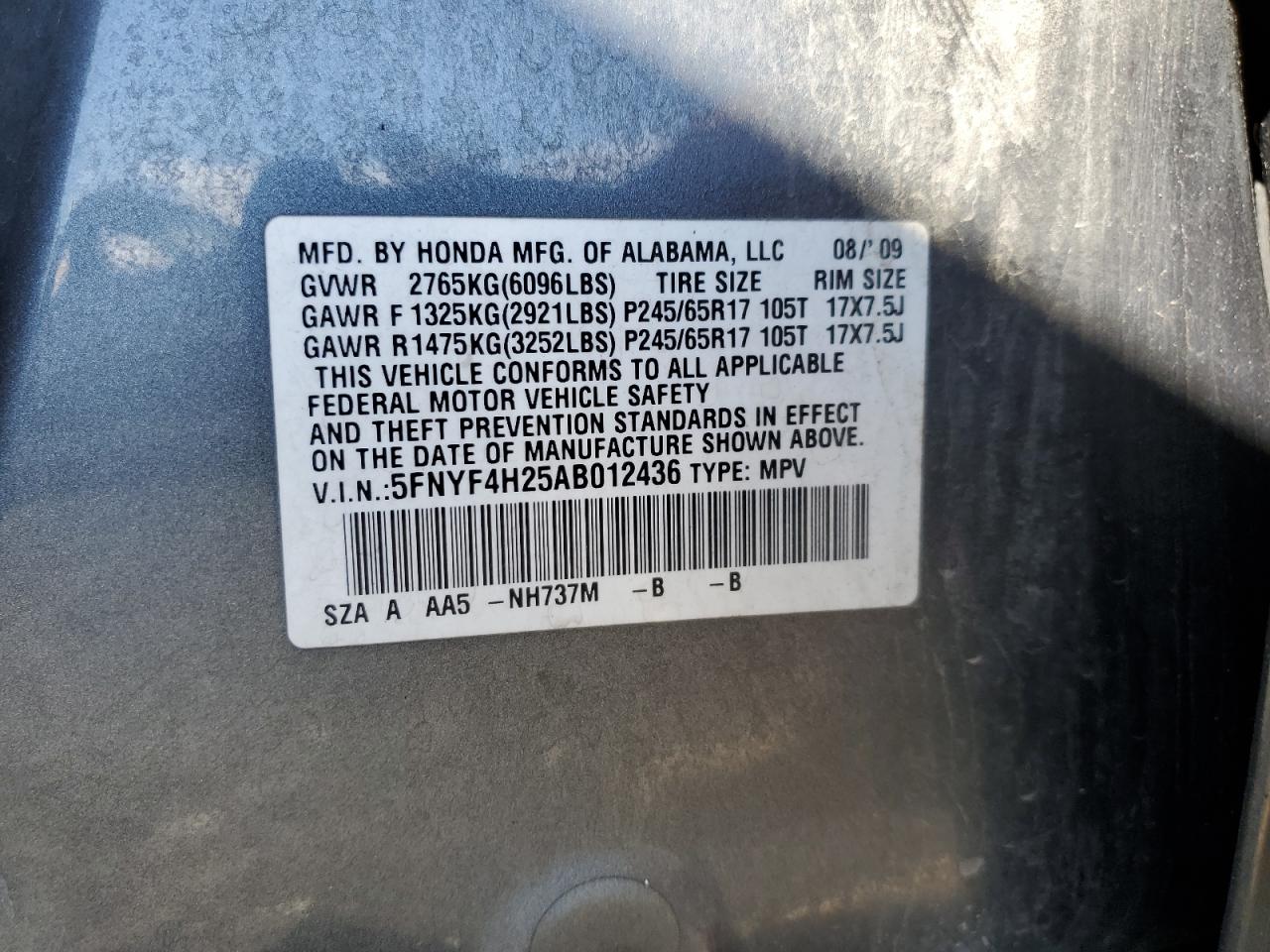 5FNYF4H25AB012436 2010 Honda Pilot Lx