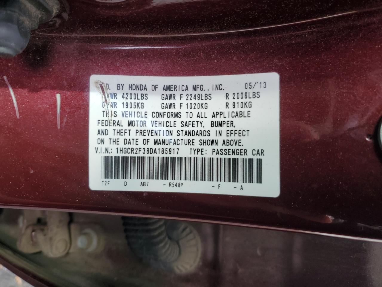 1HGCR2F38DA185917 2013 Honda Accord Lx