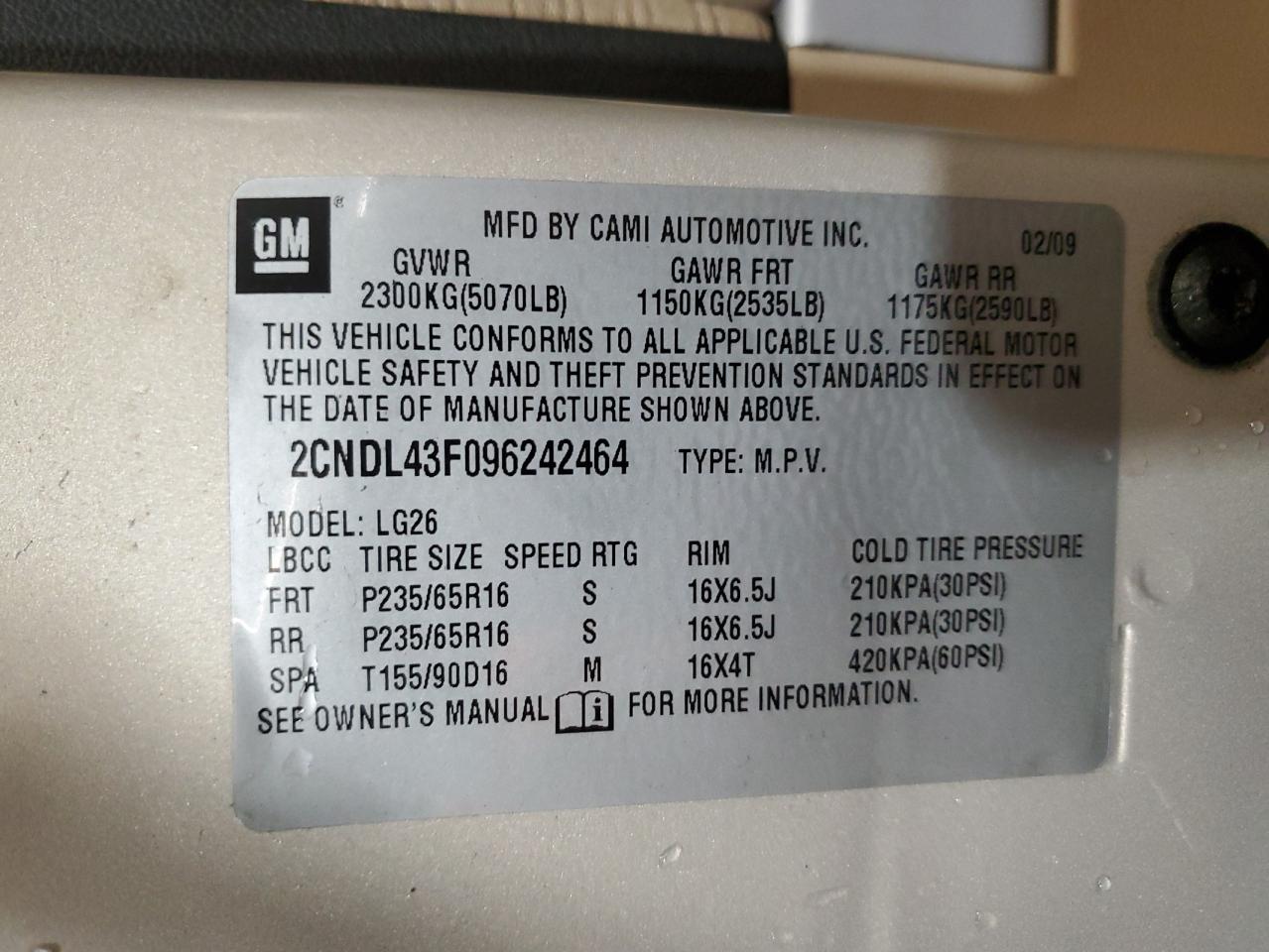 2CNDL43F096242464 2009 Chevrolet Equinox Lt