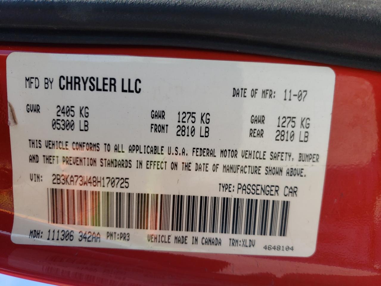 2B3KA73W48H170725 2008 Dodge Charger Srt-8