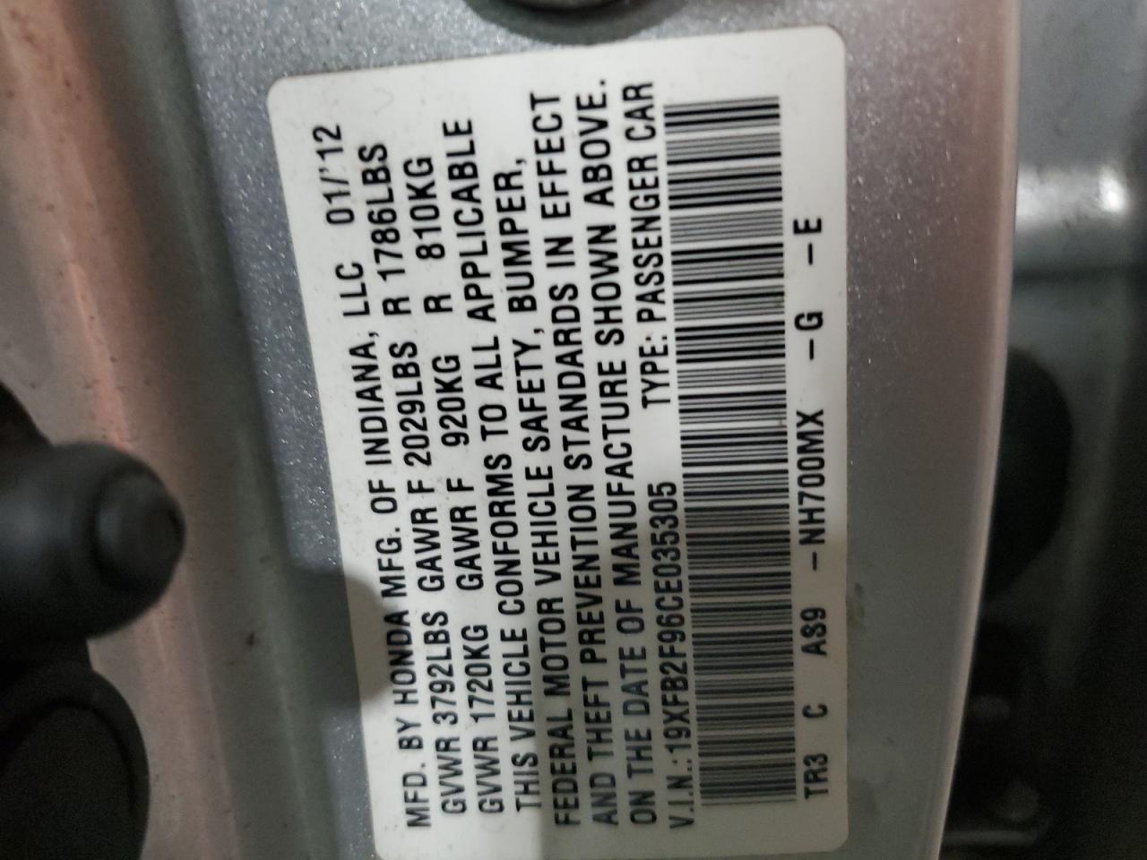 19XFB2F96CE035305 2012 Honda Civic Exl